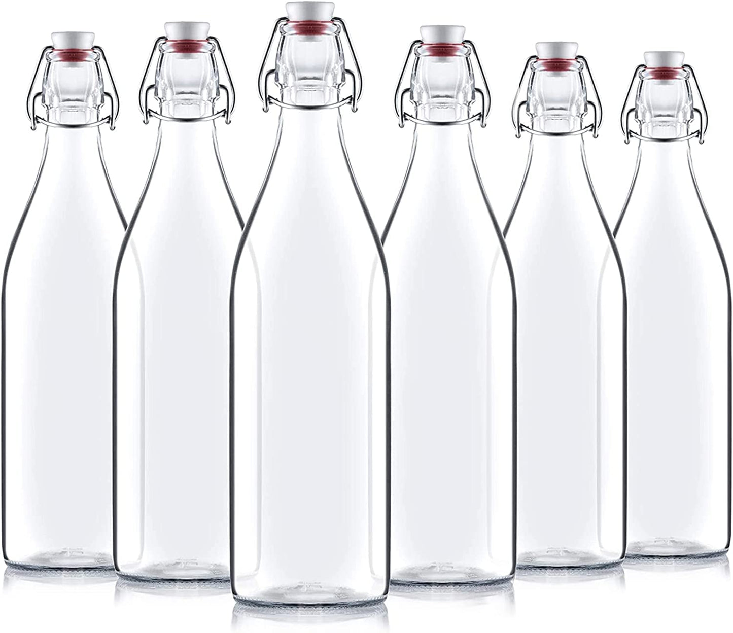 Set of six Bormioli rocco giara swing top bottles with metal clamps on a white background