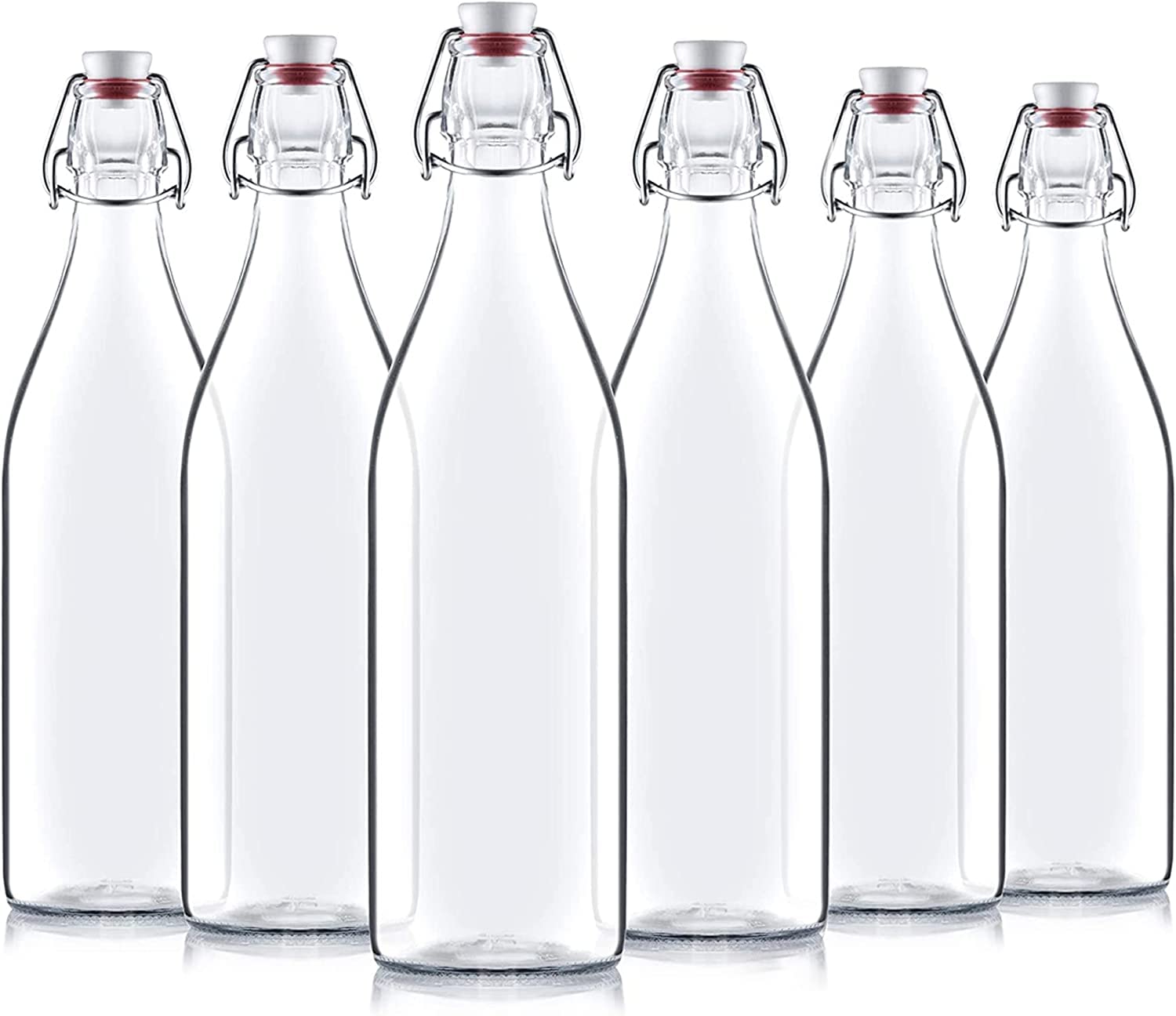 Set of six Bormioli rocco giara swing top bottles with metal clamps on a white background