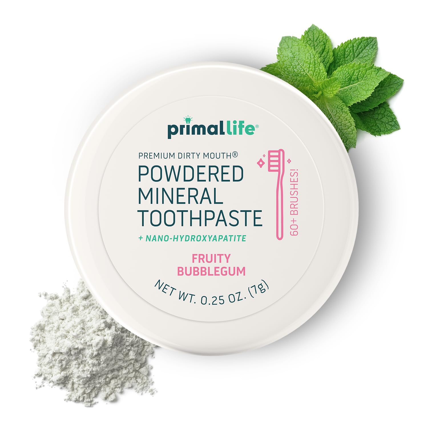 Primalife powdered mineral toothpaste with mint leaves on a white background