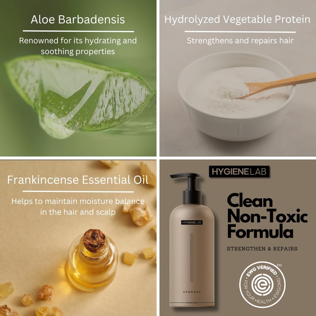 Product advertisement for Hygienelab hair care products with aloe vera, vegetable protein, frankincense essential oil, and a bottle of the product.