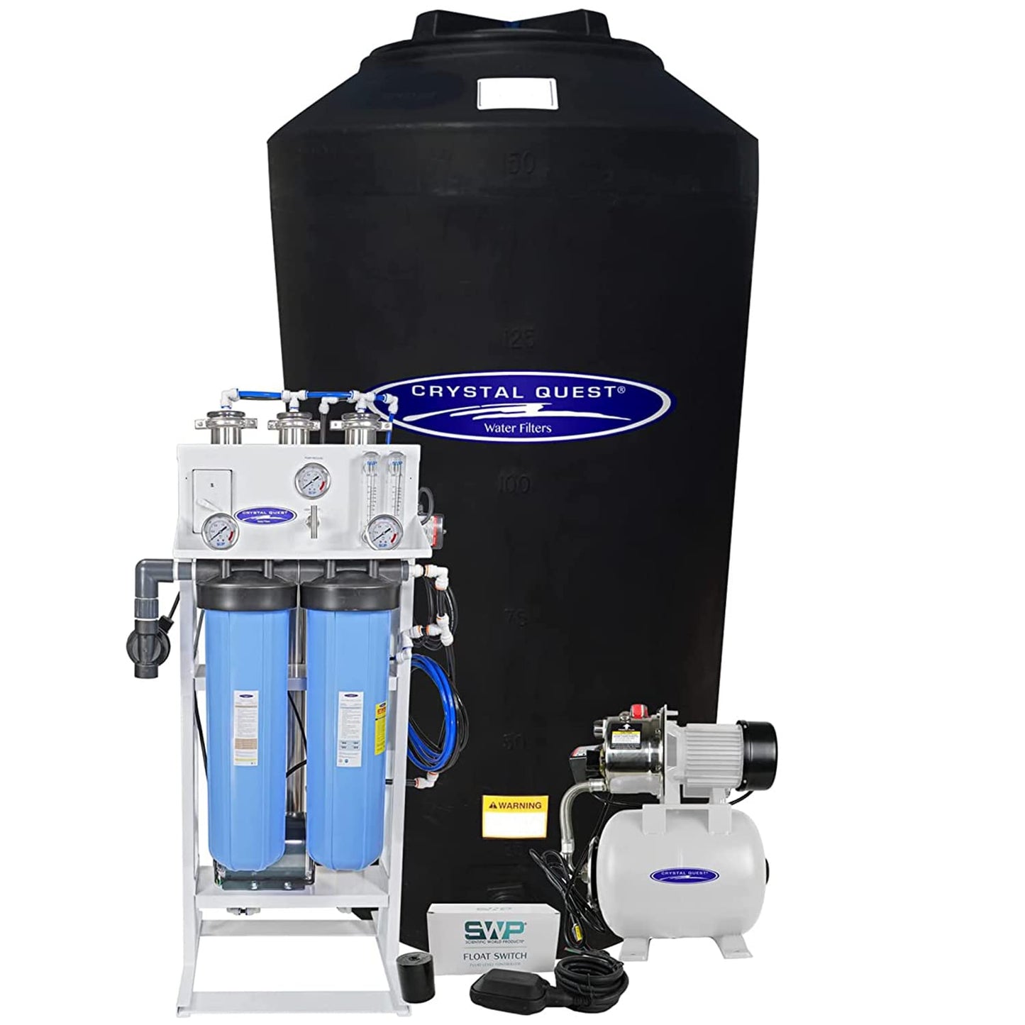 Water filtration system with blue tanks and black storage bag on a white background