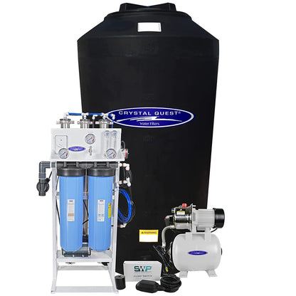 Water filtration system with blue tanks and black storage bag on a white background