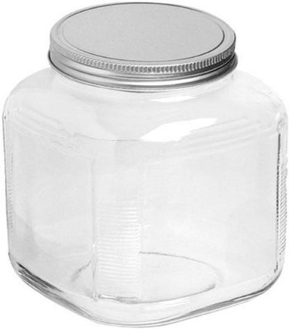 Clear glass jar with a metal lid on a white background