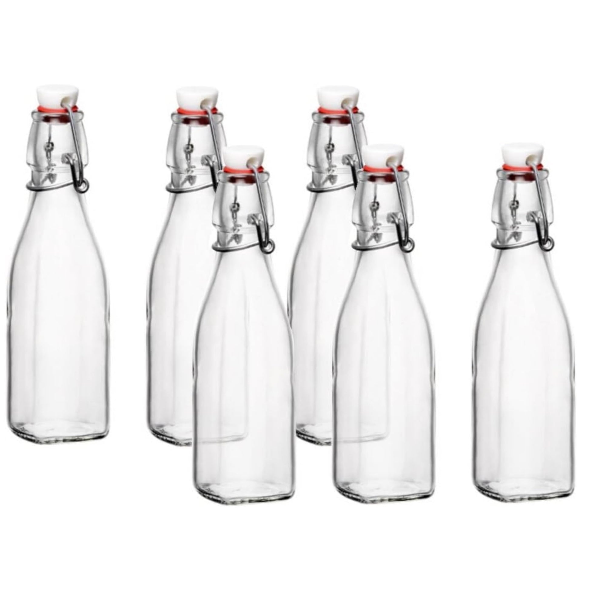 Set of six Bormioli rocco square swing top bottles with metal clamps on a white background
