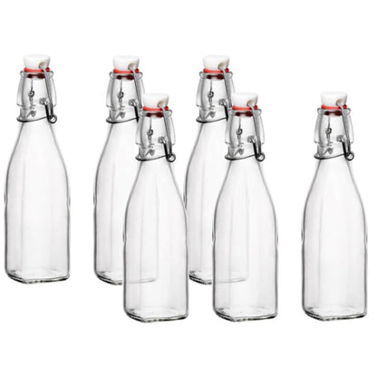 Set of six Bormioli rocco square swing top bottles with metal clamps on a white background