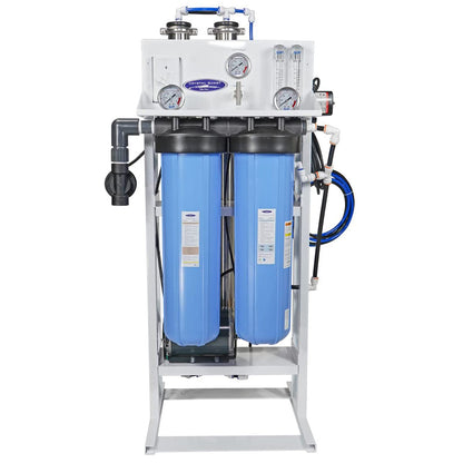 Water filtration system with blue filters and gauges on a white background