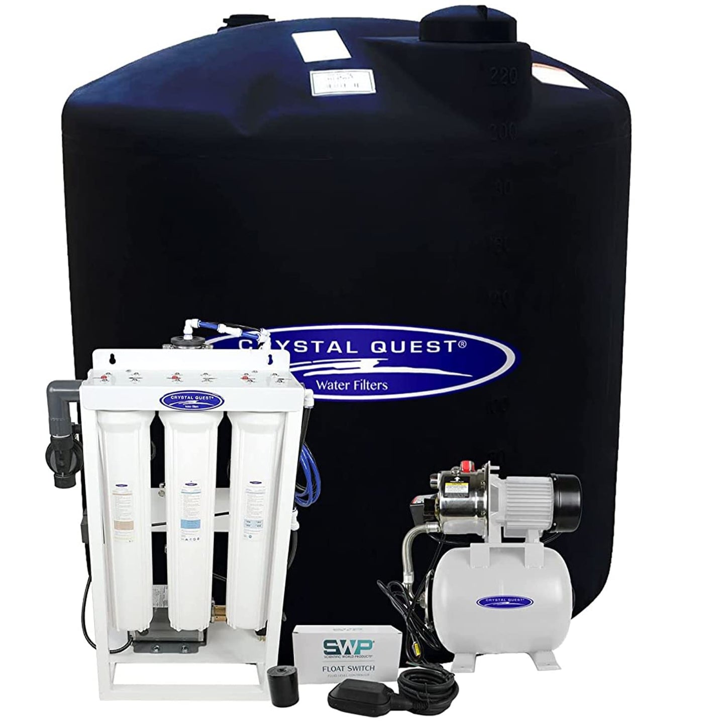 Water filtration system with Crystal Quest branding on a white background