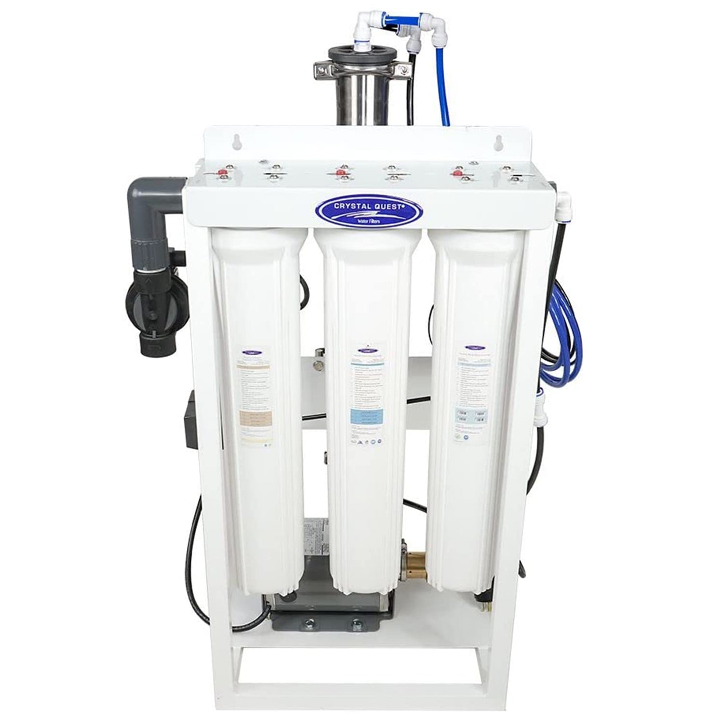 Water filtration system with three cylindrical filters on a white background