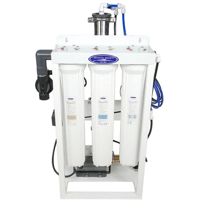 Water filtration system with three cylindrical filters on a white background