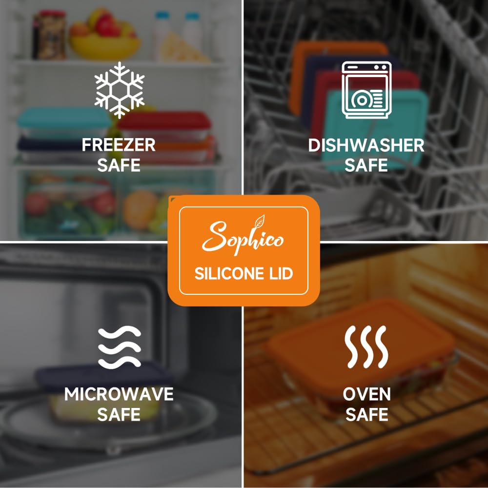 Sophico silicone lid with safety icons for freezer, dishwasher, microwave, and oven on a blurred kitchen background.