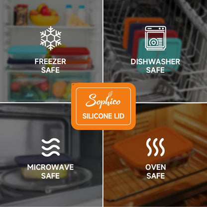 Sophico silicone lid with safety icons for freezer, dishwasher, microwave, and oven on a blurred kitchen background.