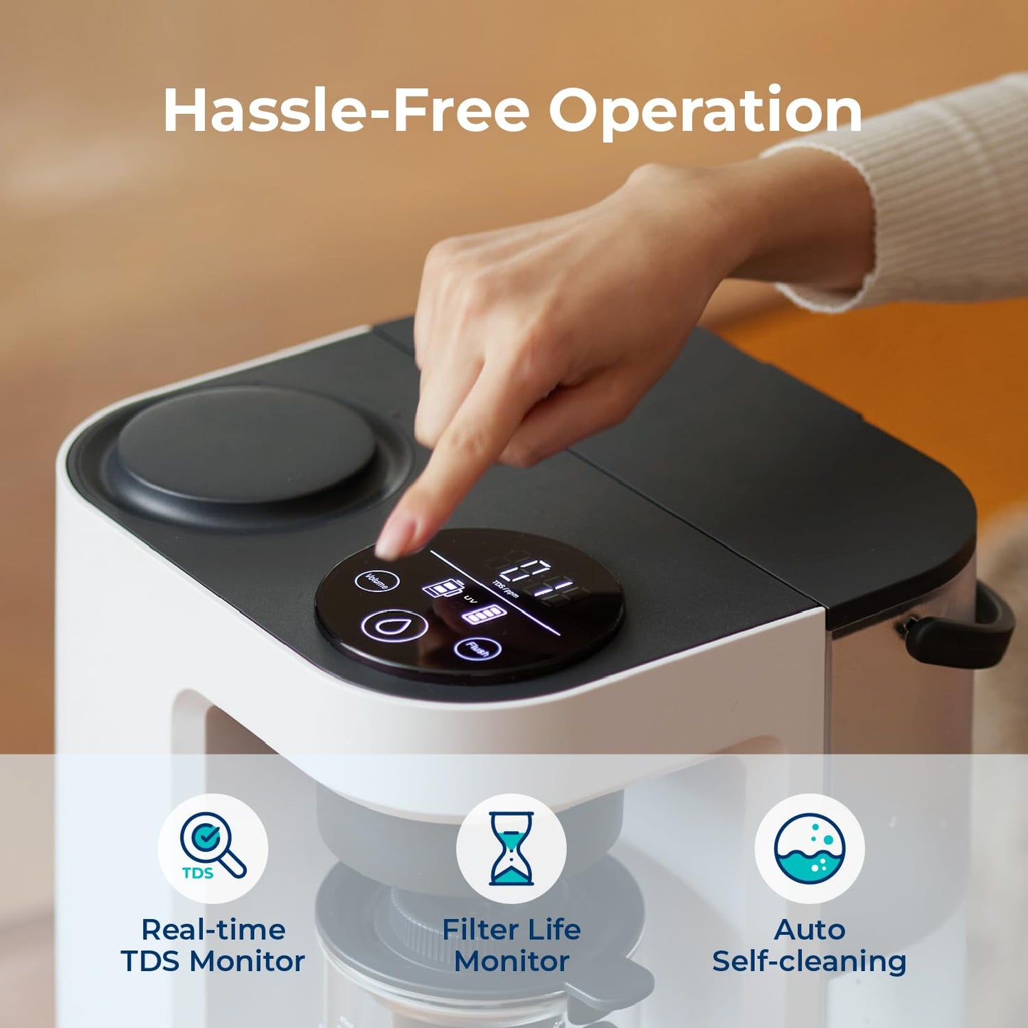 Hand pressing a button on a water filter with text 'Hassle-Free Operation' and icons for TDS monitor, filter life monitor, and auto self-cleaning.