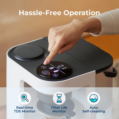 Hand pressing a button on a water filter with text 'Hassle-Free Operation' and icons for TDS monitor, filter life monitor, and auto self-cleaning.