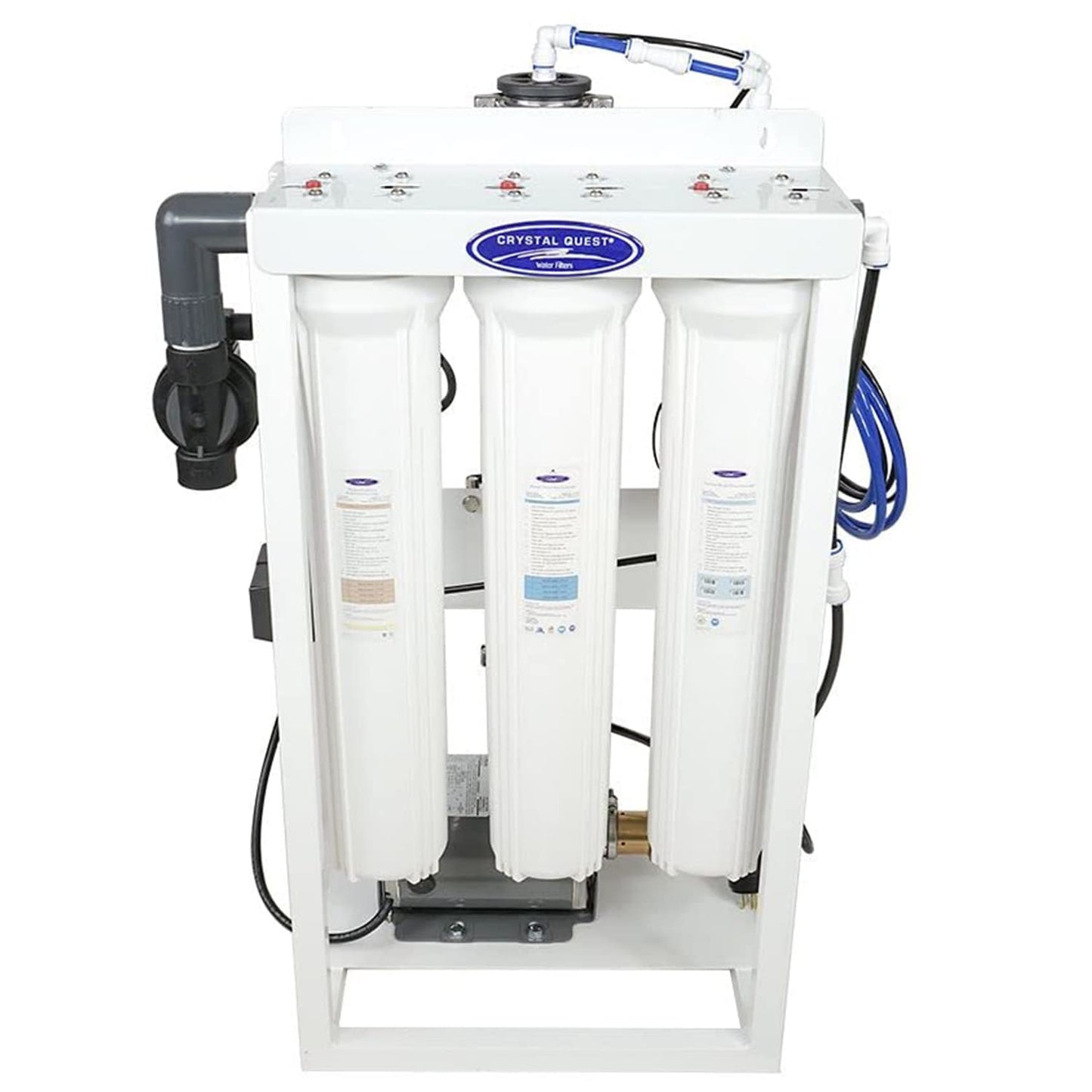 Water filtration system with three cylindrical filters on a white background