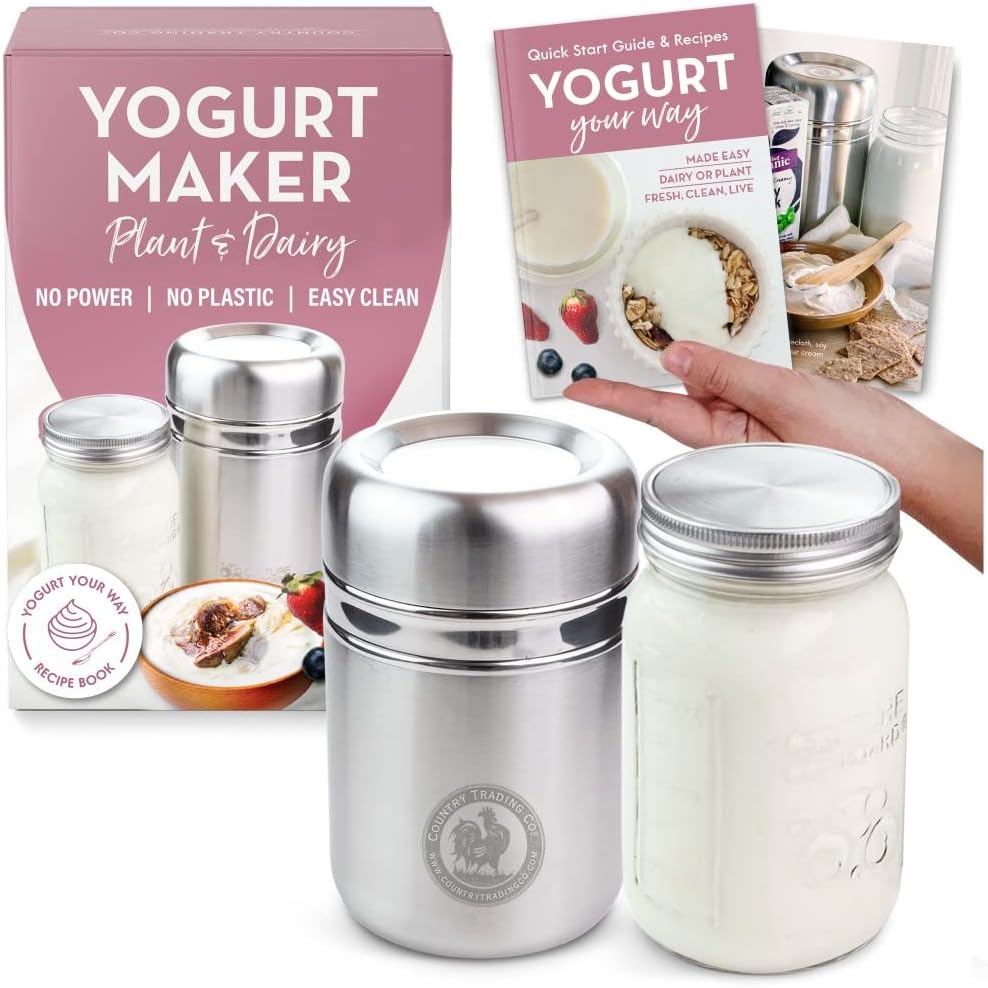 Non-Electric Stainless Steel Yogurt Maker (1-Quart Glass Jar) with jars and a recipe book on a white background