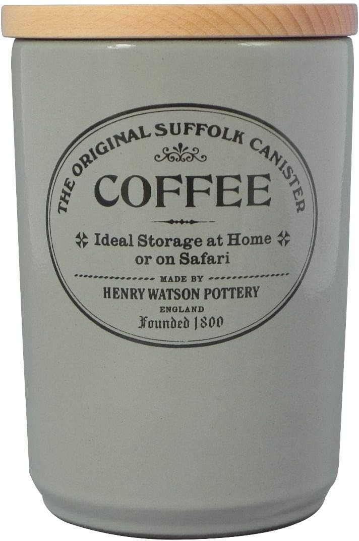 Henry watson coffee canister with wooden lid  on a white background