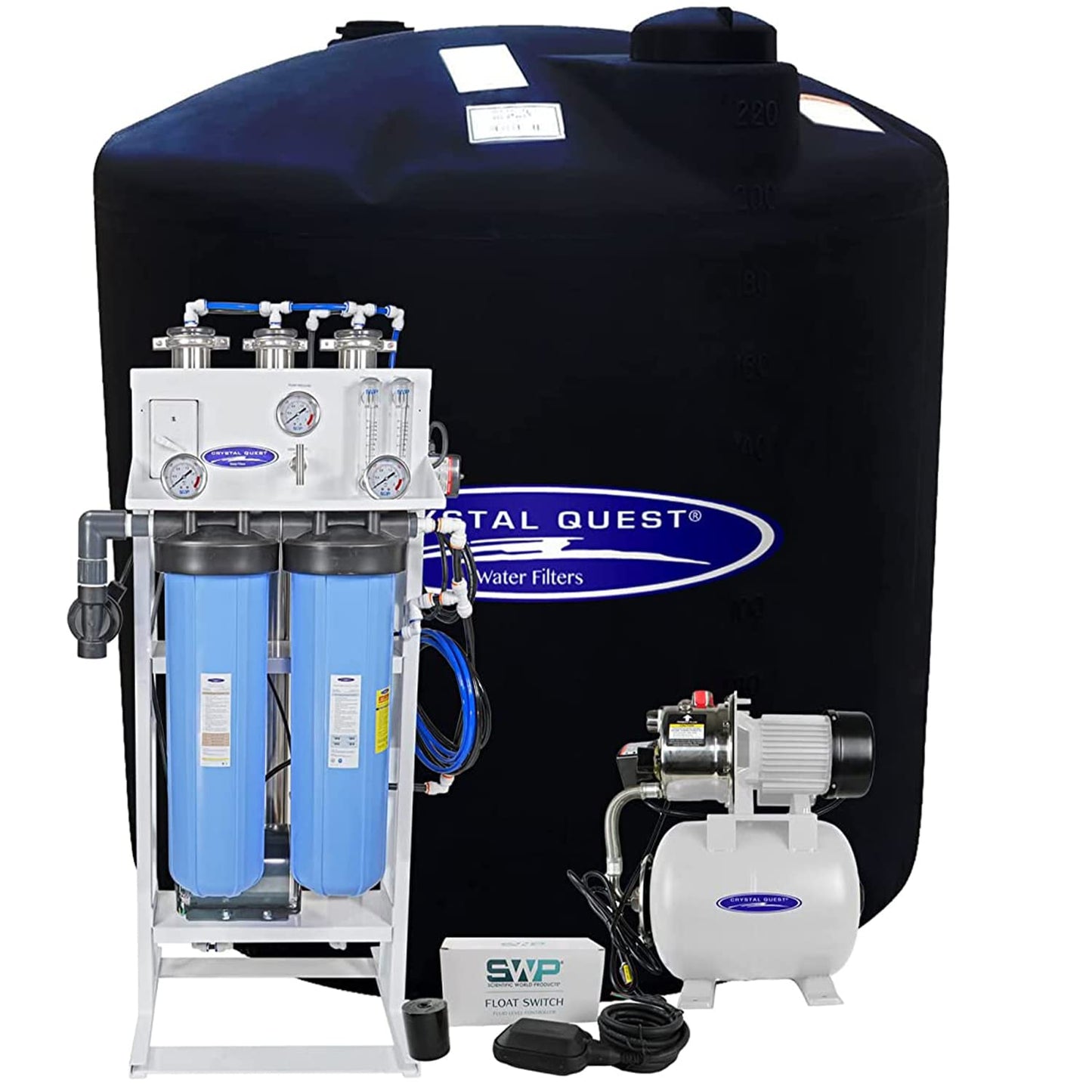 CRYSTAL Quest water filter system with tank and pump on a white background