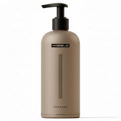 A bottle of Hygienelab shampoo in a matte taupe-brown color with a black pump dispenser, shown on a clean white background.