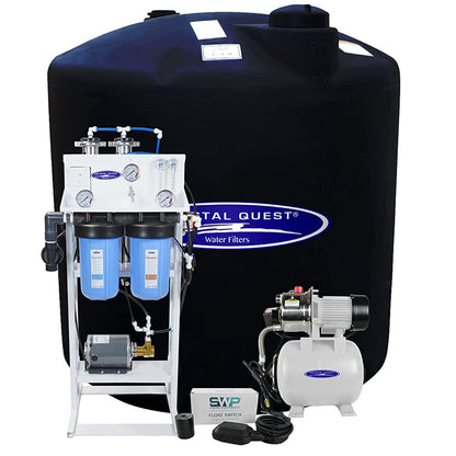 CRYSTAL Quest water filter system with a black tank on a white background