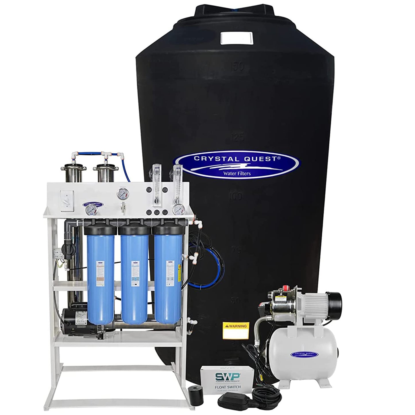 Water filtration system with blue cylindrical filters, black tank, and pump on a white background.