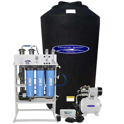 Water filtration system with blue cylindrical filters, black tank, and pump on a white background.