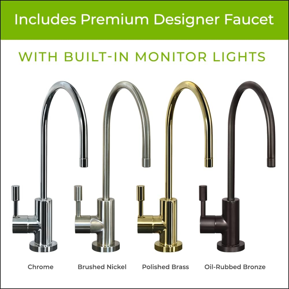 Four faucet options in different finishes with a green banner above them.
