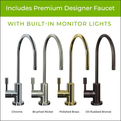 Four faucet options in different finishes with a green banner above them.