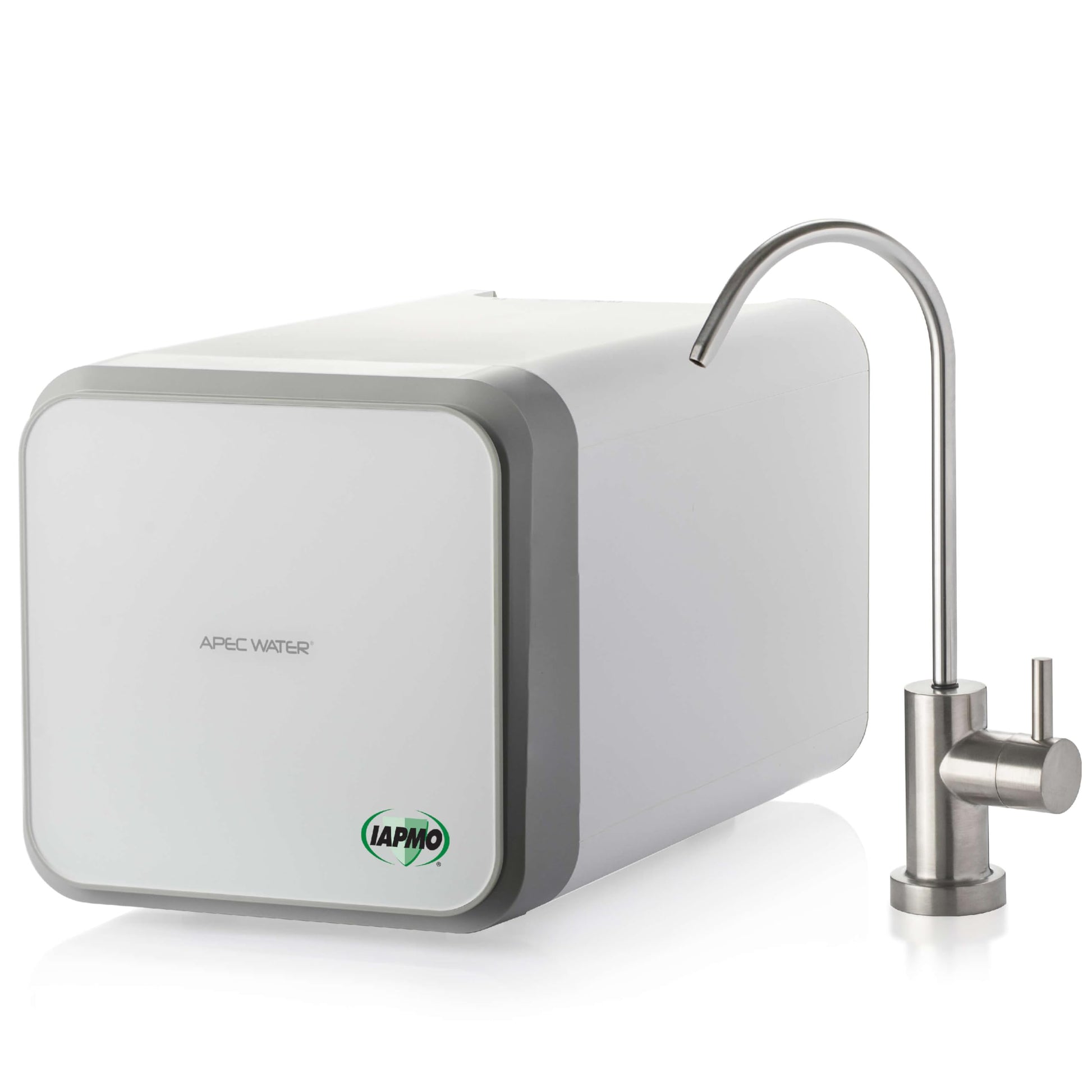 White water filter with a metallic faucet on a white background