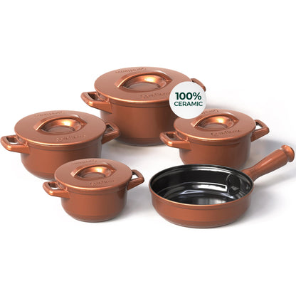 Set of ceramic cookware with lids on a white background