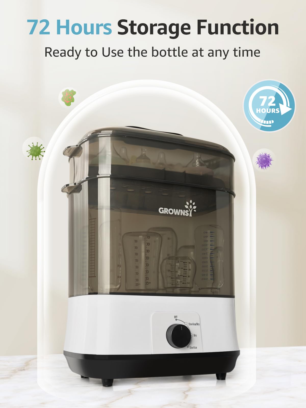 Grownsy 4-in-1 Bottle Sterilizer: Large 8-Bottle Steam Sanitizer