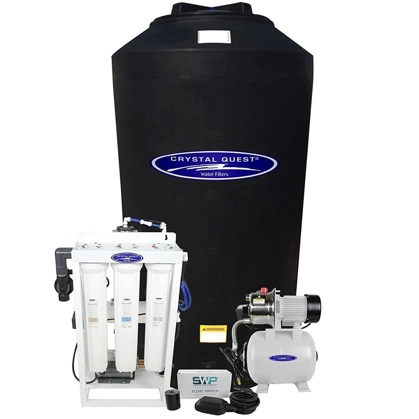 Water filtration system with Crystal Quest branding on a white background