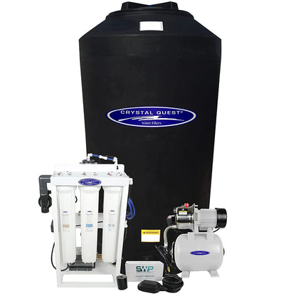 Water filtration system with Crystal Quest branding on a white background