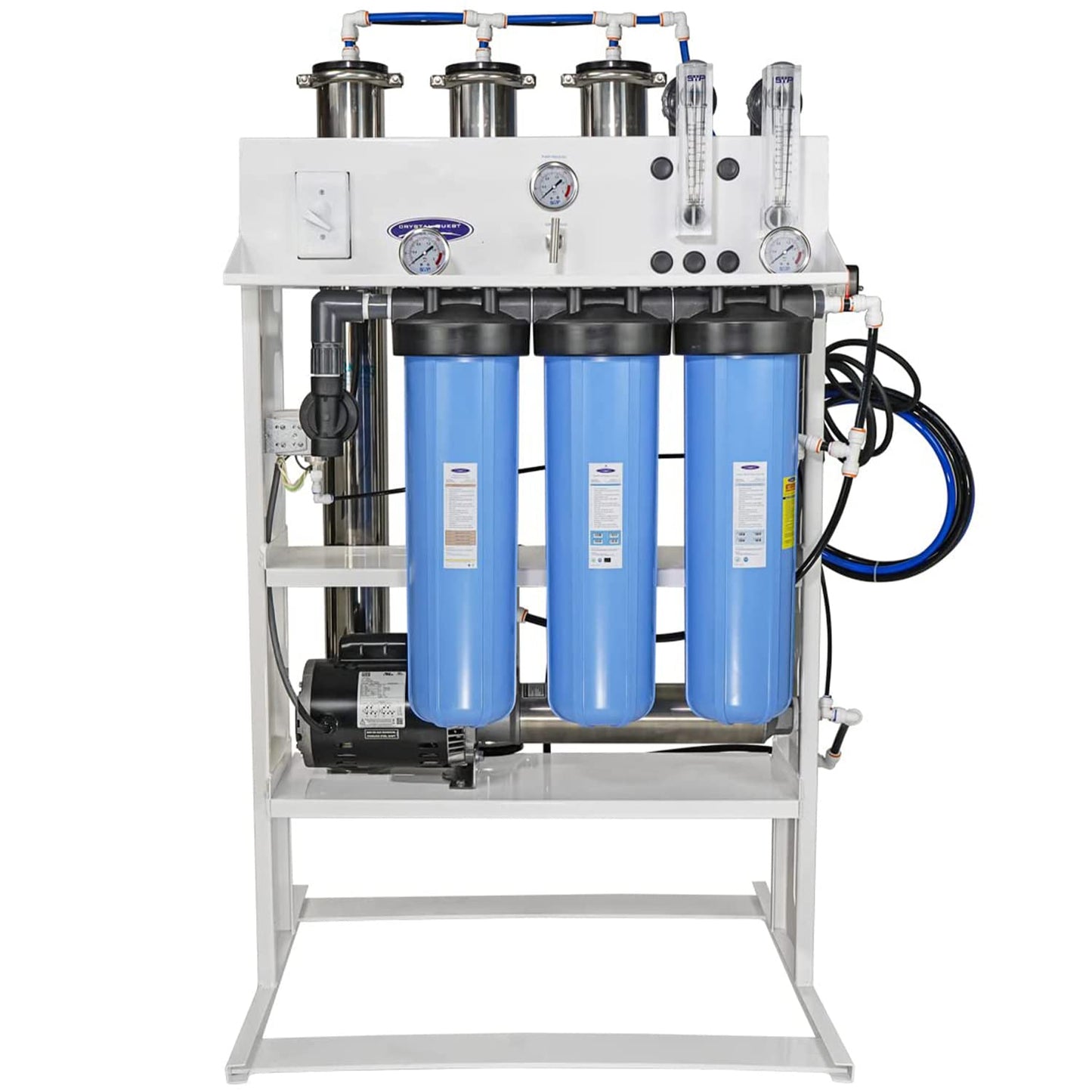 Water filtration system with blue cylindrical filters on a white background
