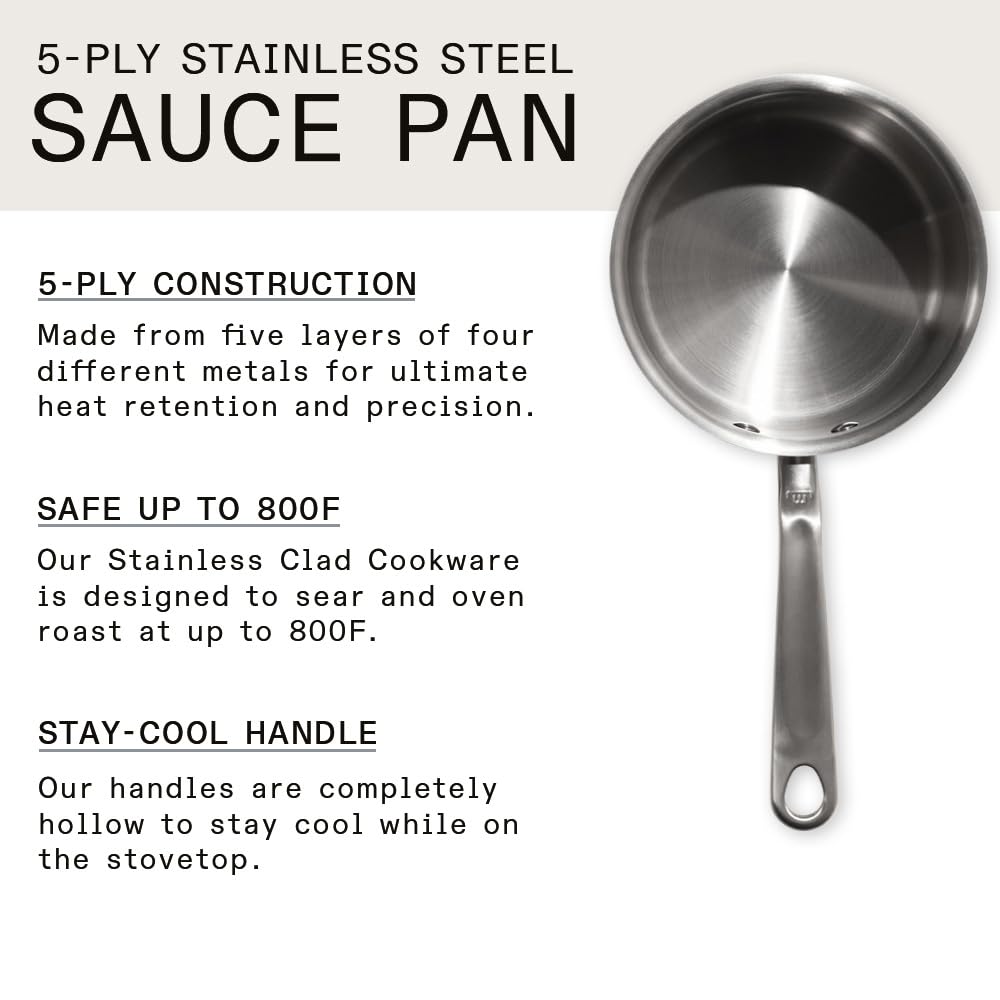 Stainless steel saucepan with text about its features on a white background