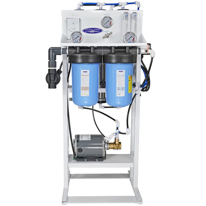 Water filtration system with blue tanks and gauges on a white background