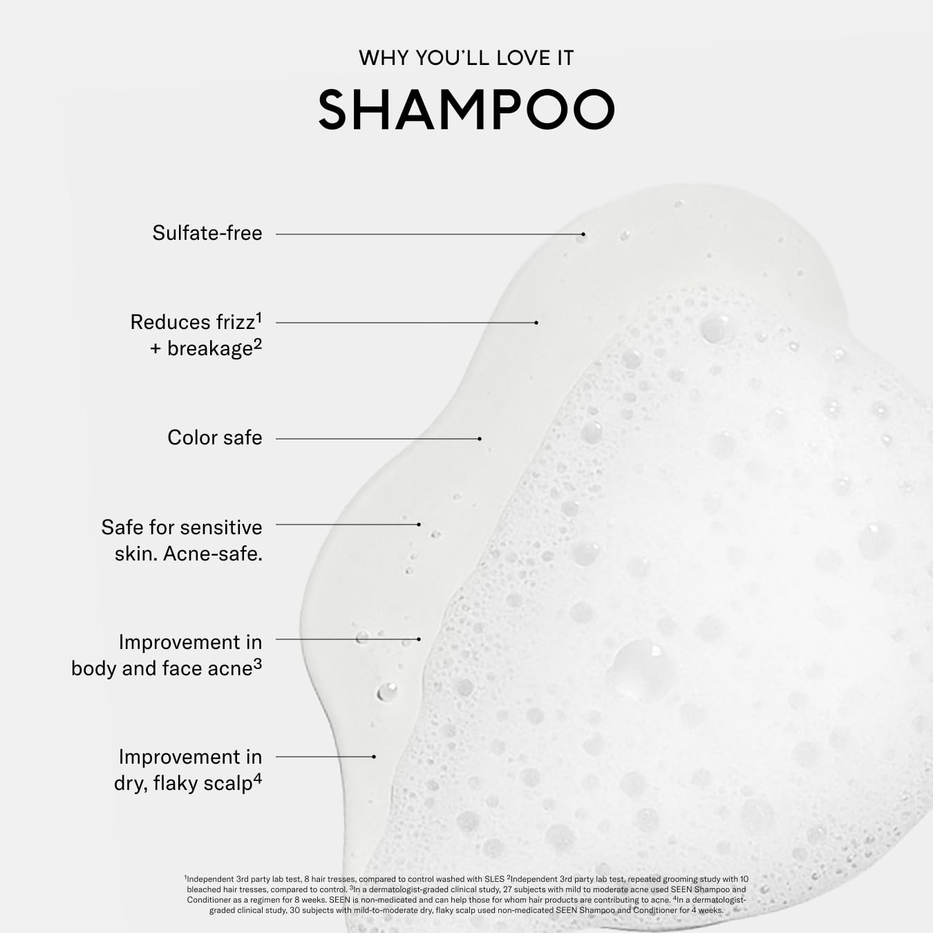 Shampoo bottle with text highlighting its benefits on a white background