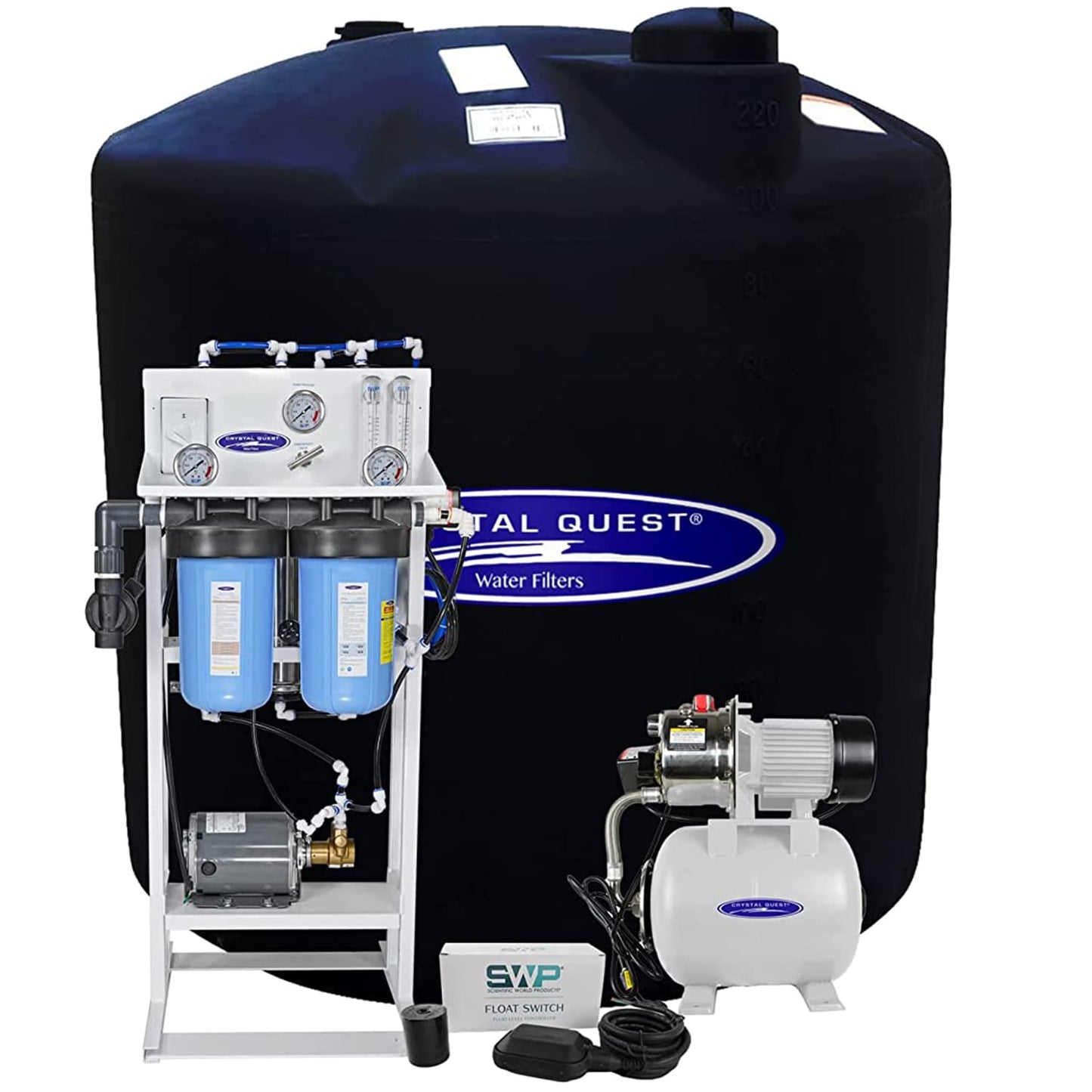 CRYSTAL Quest water filter system with black tank and white components on a white background