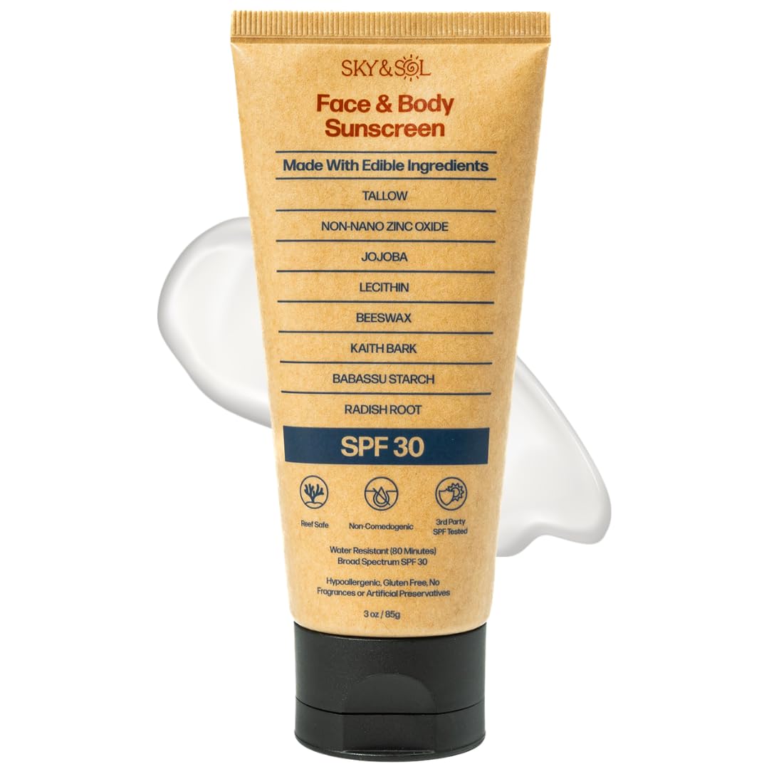 Tube of Sky & Sol Face & Body Sunscreen with SPF 30 on a white background