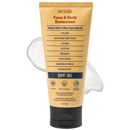 Tube of Sky & Sol Face & Body Sunscreen with SPF 30 on a white background