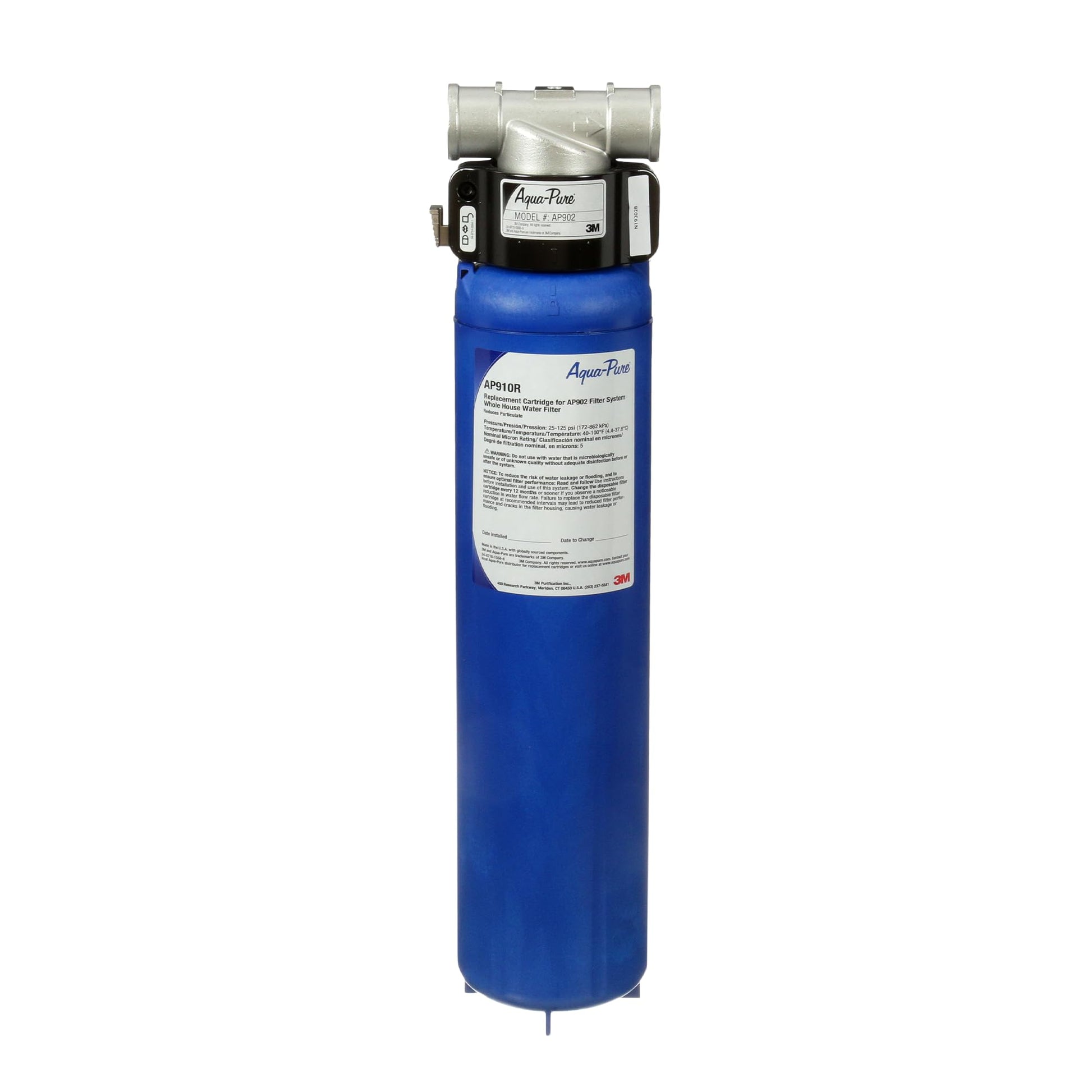 Blue water filter with Aqua-Pure branding on a white background