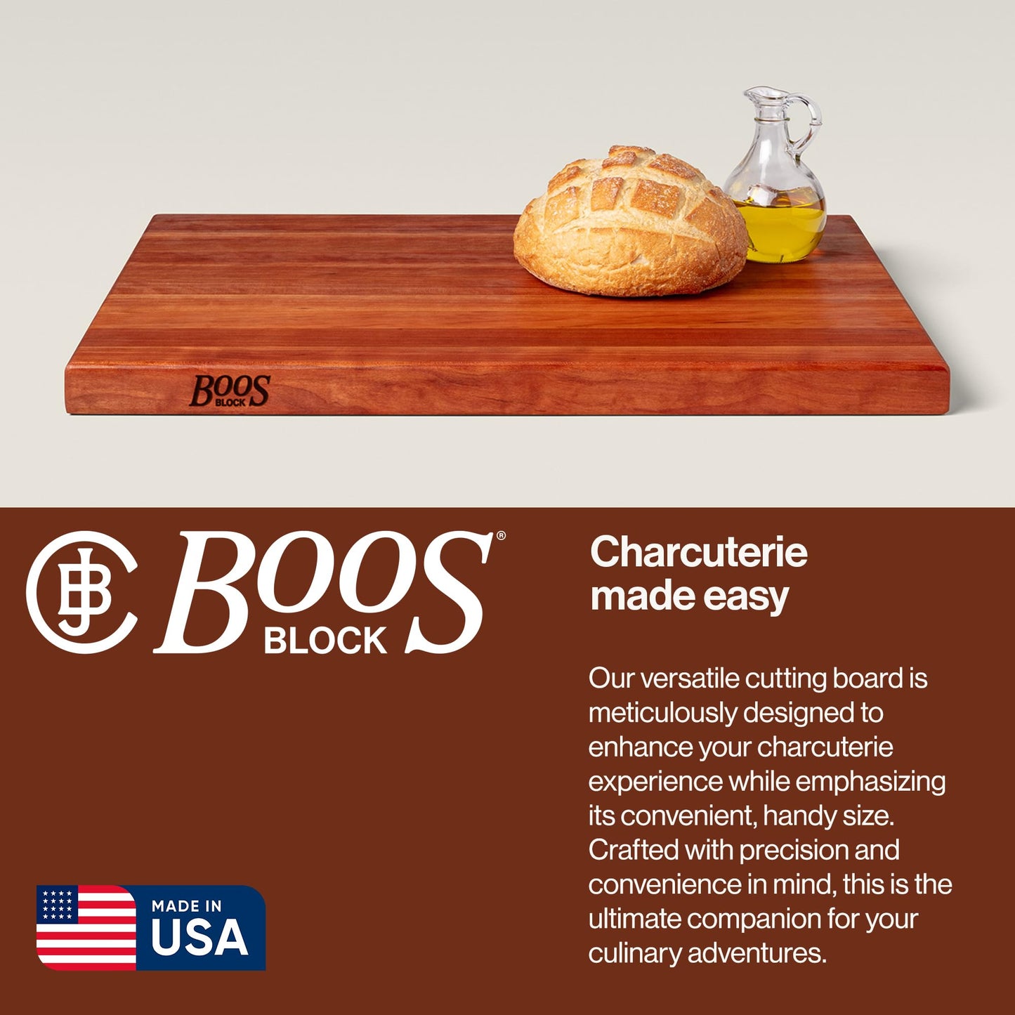 Wooden cutting board with bread and oil, Boos Block branding, and text about the product.