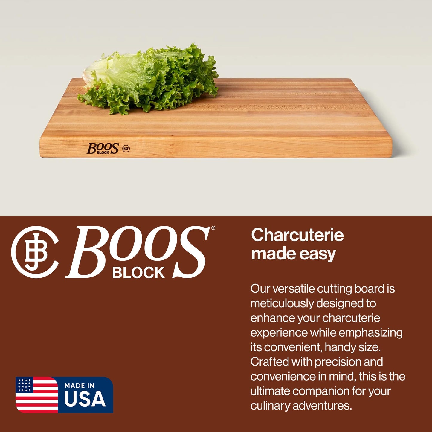 Wooden cutting board with lettuce on a light gray background, featuring the Boos Block brand.