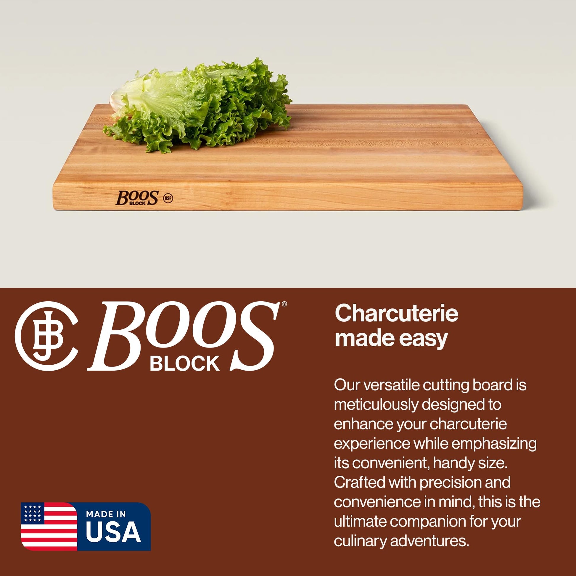 Wooden cutting board with lettuce on a light gray background, featuring the Boos Block brand.
