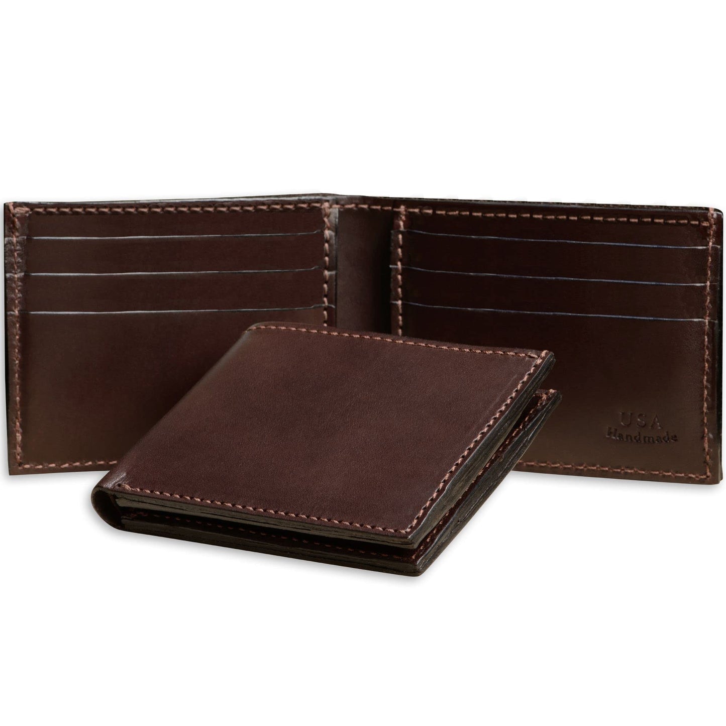 Brown leather wallet with stitching detail on a white background