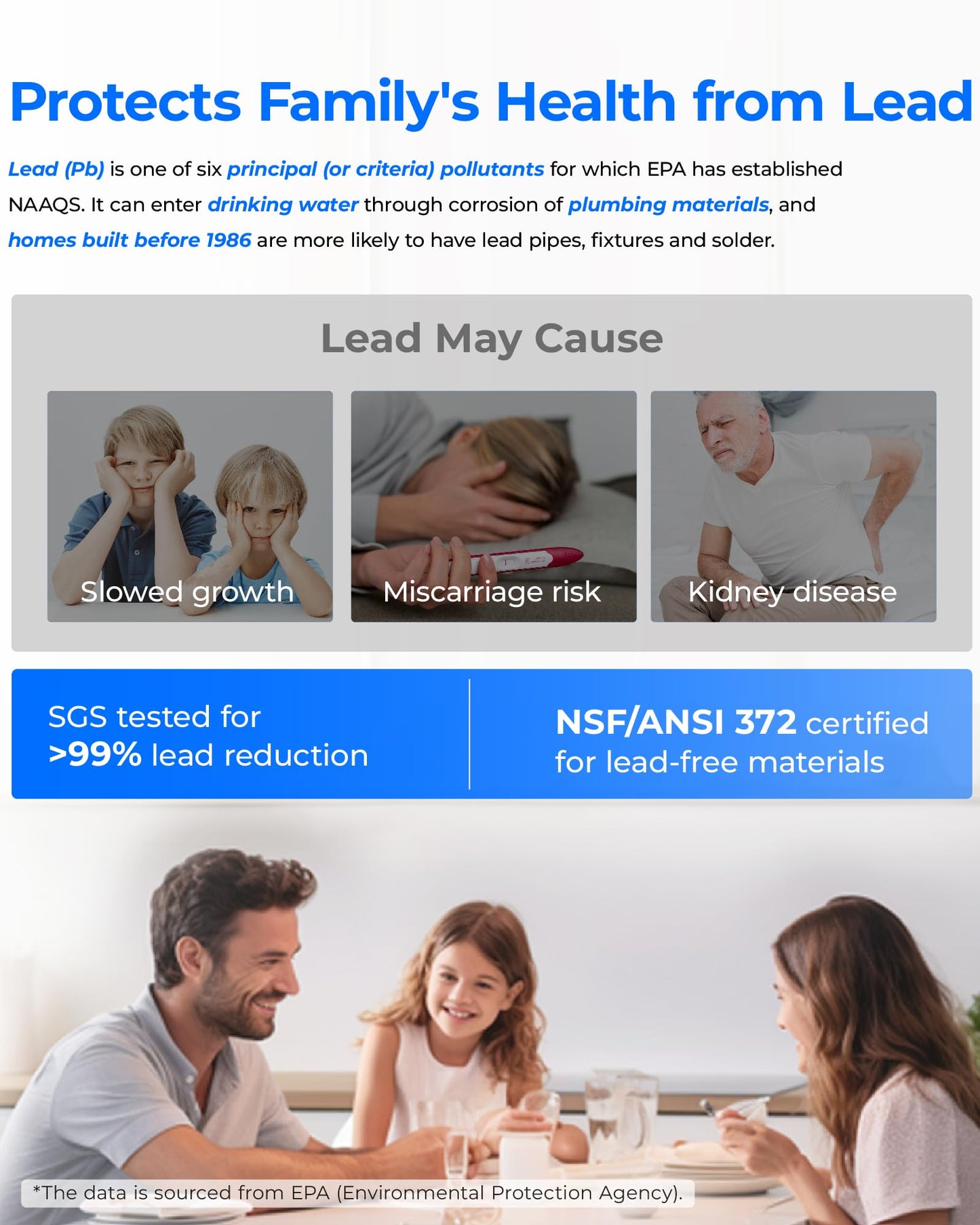 Advertisement about lead protection for family health with images and text.