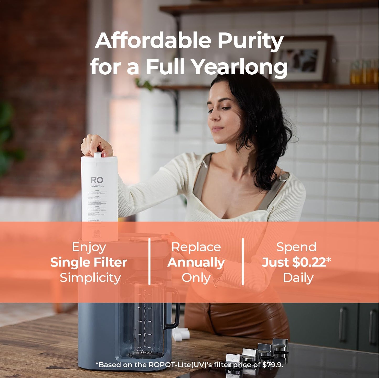 Woman using a water filter in a kitchen with promotional text about affordability and simplicity.