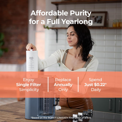 Woman using a water filter in a kitchen with promotional text about affordability and simplicity.