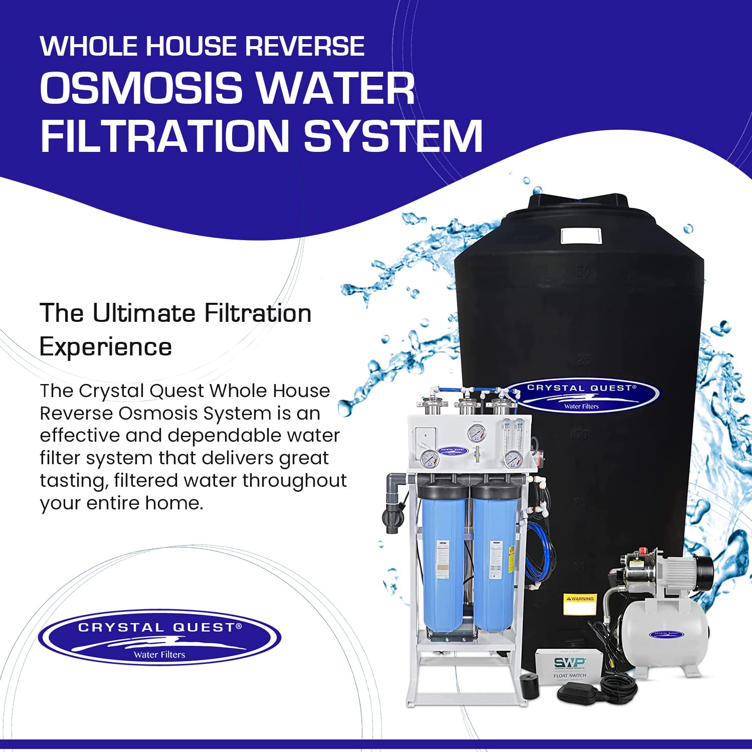 Crystal Quest whole house reverse osmosis water filtration system with text on a blue and white background