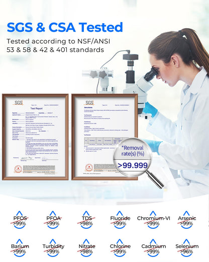 Scientist using a microscope with SGS and CSA certification displayed, emphasizing water purification standards.