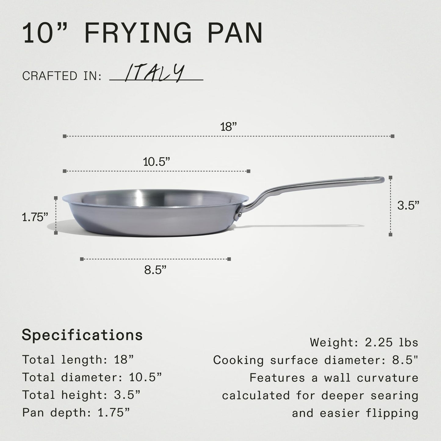10-inch frying pan with dimensions and specifications on a white background